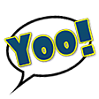 a blue and yellow speech bubble with the word yo