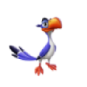 a cartoon bird with a blue and orange beak
