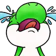 a drawing of a green bird with its mouth open