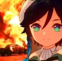 a girl with green eyes standing in front of a fire