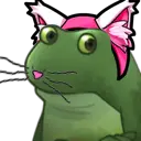 a green frog with a pink bow on its head