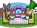 a picture of a rabbit and a rabbit sitting at a table