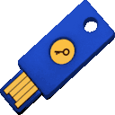 a blue object with a yellow button on it