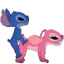 a pink and blue cartoon character standing next to each other