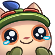 a cartoon cat with a green hat and blue eyes