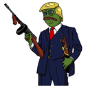 a sticker of a man in a suit holding a gun