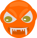 an orange monster with green eyes and fangs