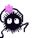 a pixel art picture of a black cat with a pink bow on its head