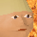 a close up of a face with a fire in the background