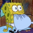 a spongebob is sitting on a bed in a room
