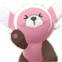 a pink teddy bear with brown ears and eyes