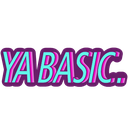 the word yabasic in pink and blue on a black background