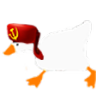 a picture of a duck with a flag on it's back