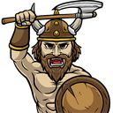 a man with a sword and a helmet on holding a shield