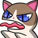 a cartoon cat with blue eyes and a pink tongue