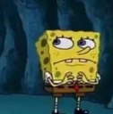a spongebob is standing in the middle of a room