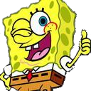 a spongebob holding a box with a thumbs up