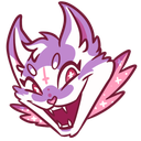 a purple and white cat with its mouth open