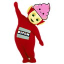 a person in a red suit with a pink hat