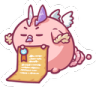 a sticker of a pink monster holding a piece of paper