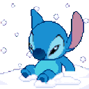 a cartoon character sitting on top of a snow covered ground