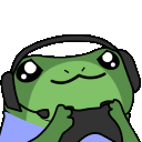 a green frog with headphones and a blue shirt