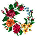 a cross stitch picture of a wreath of flowers