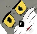 a gray cat with yellow eyes and a black nose