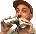 a man in a hat drinking from a can