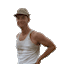 a man wearing a hat and a white tank top