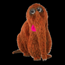 a stuffed animal with a pink heart in its mouth