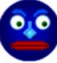 a blue face with green eyes and a red nose