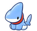 a blue cartoon shark with a red stripe around its neck