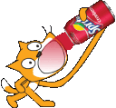 a cartoon cat holding a can of soda