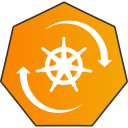 an orange hexagon with a white compass on it
