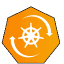 an orange hexagon with a white compass on it