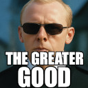 a man wearing sunglasses and a black shirt with the words the greater good on it