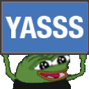 a cartoon frog holding a sign that says yass