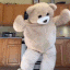 a large teddy bear standing in a kitchen