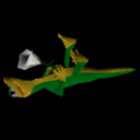 a computer generated image of a green and yellow airplane