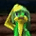a green and yellow stuffed animal wearing a scarf