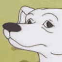 a drawing of a white dog with a black nose