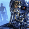 a stylized photo of a robot with a man in the background