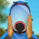 a person wearing a mask and holding their hands up to their face
