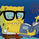 a cartoon character with glasses reading a book