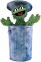 a sesame character in a bucket with a hat on