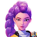 a woman with purple hair and a yellow jacket