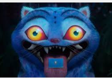 a blue cat with its mouth open and its tongue out