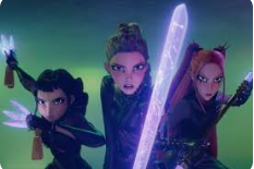 a group of women holding two large swords