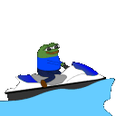 a cartoon character is riding a jet ski